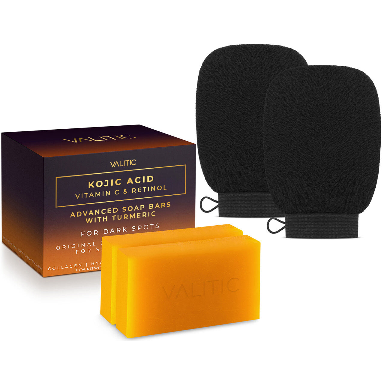 Kojic Acid Dark Spot Remover Soap Bars & A pair of Black Exfoliating Gloves